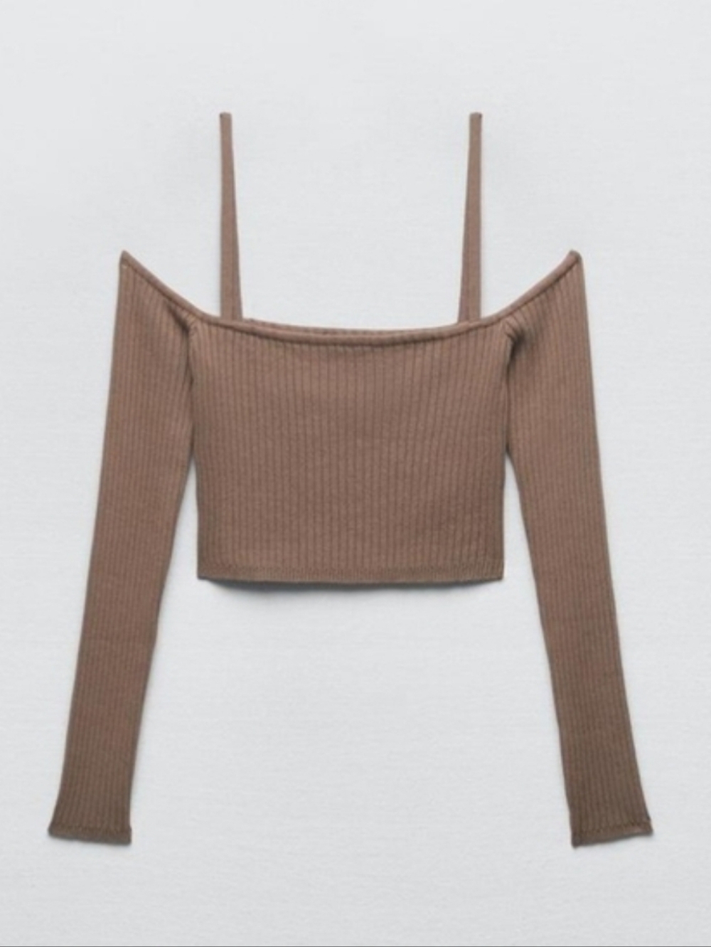 Zara Ribbed Off-Shoulder Crop Top with Straps - Brown
